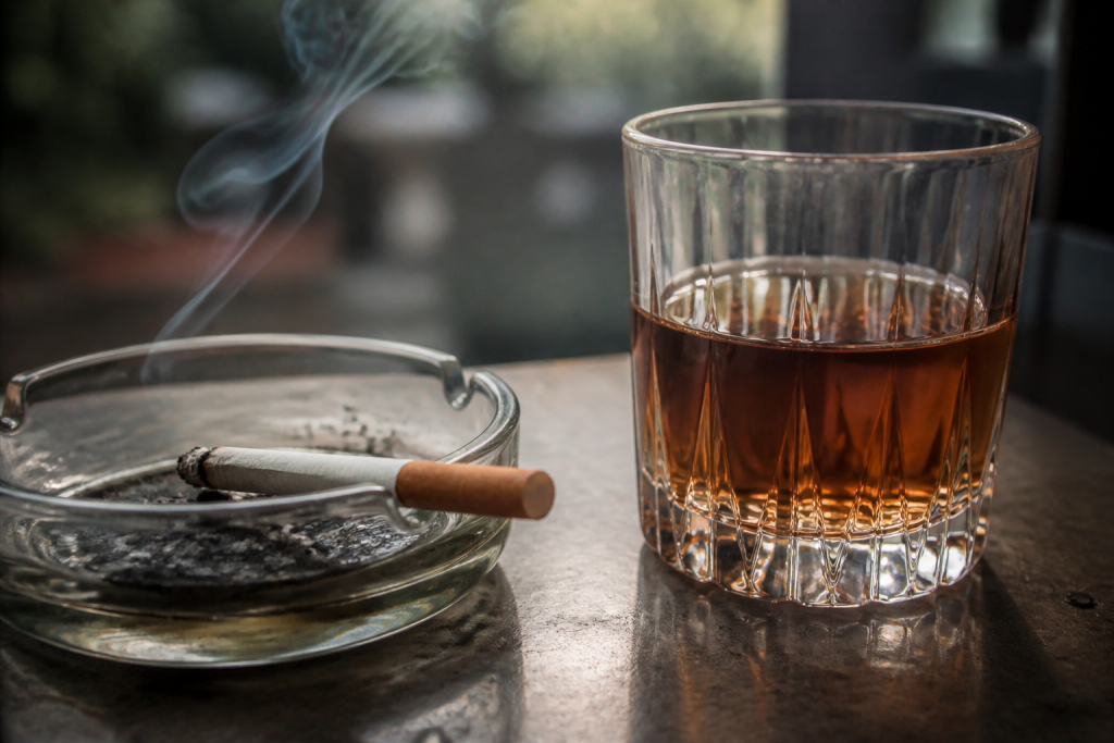 Cigarette allumee pres de verre alcoolise rempli