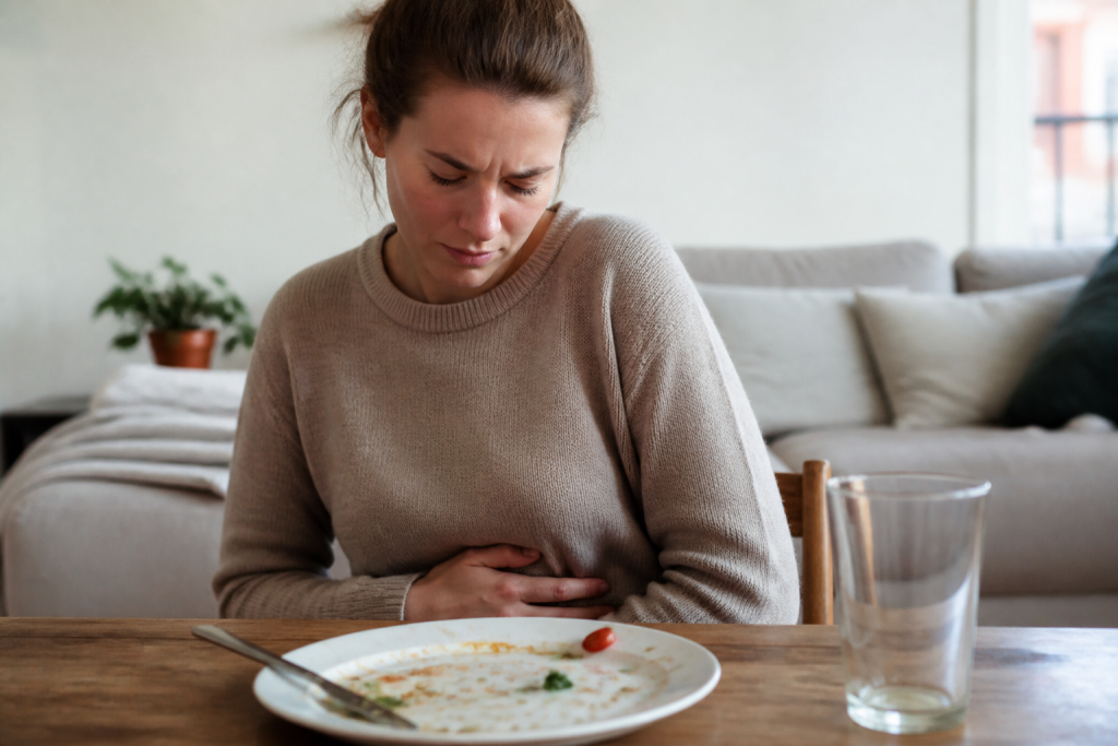 Femme tenant son ventre en grimacant pres d'une assiette