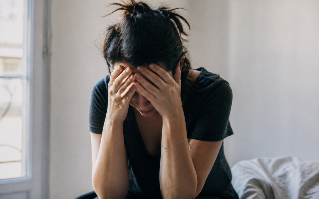 Femme tenant sa tête entre ses mains, épuisée