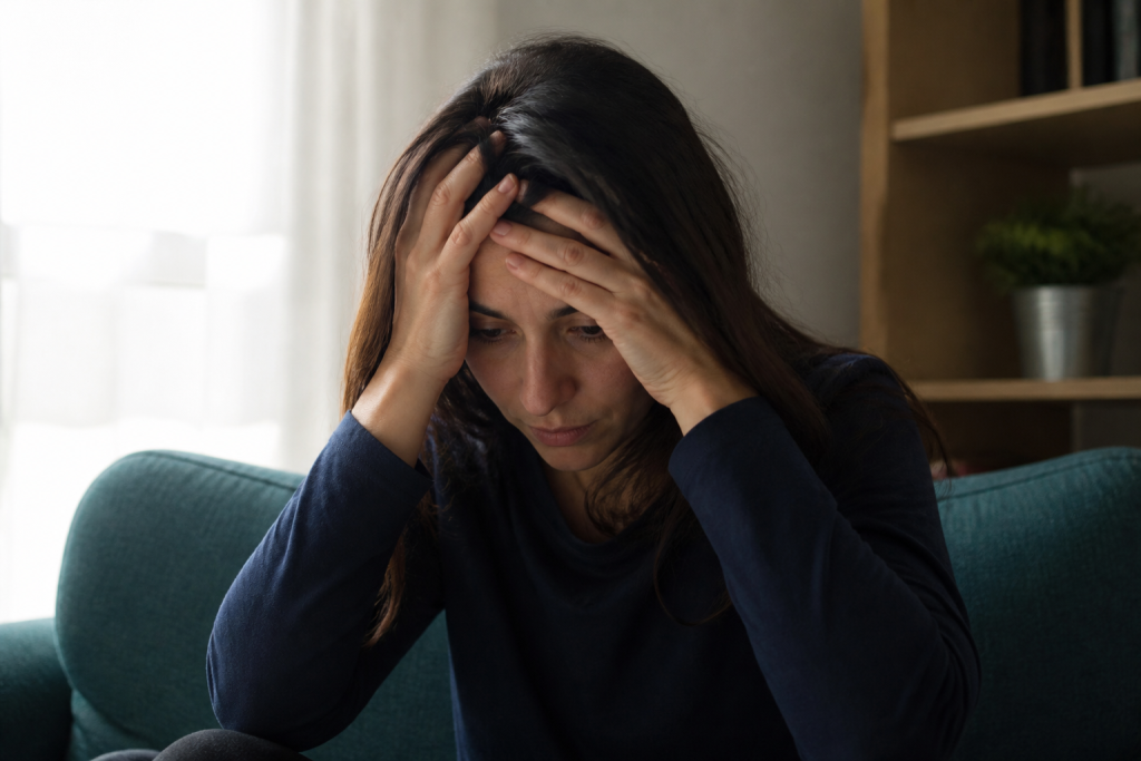 Femme stressée tenant sa tête entre ses mains