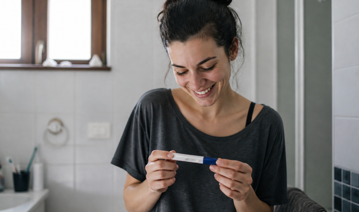 Femme tenant un test de grossesse positif, souriante