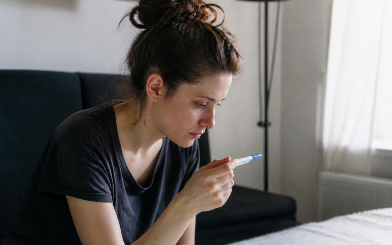 Femme assise regardant un test de grossesse positif