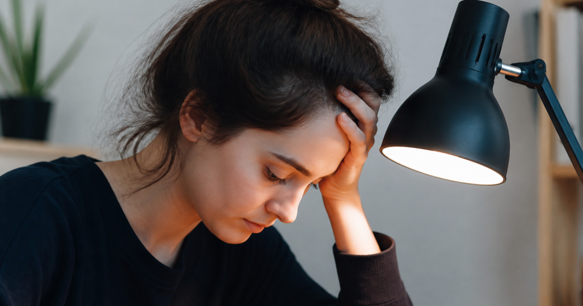 Femme tenant sa tete pres de la lampe de bureau.