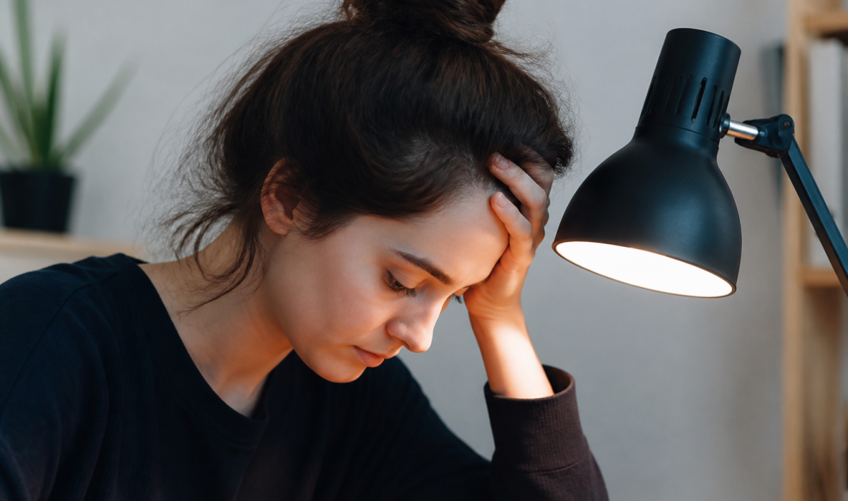 Femme tenant sa tete pres de la lampe de bureau.