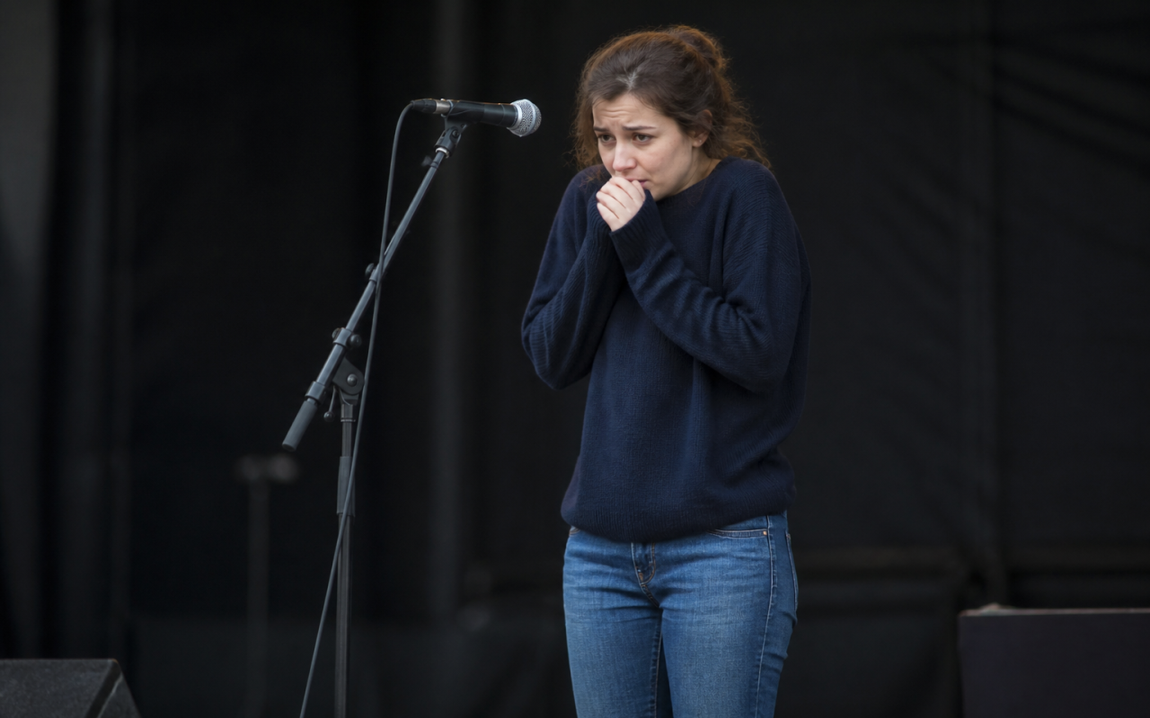 Femme tremblante devant microphone sur scene vide.