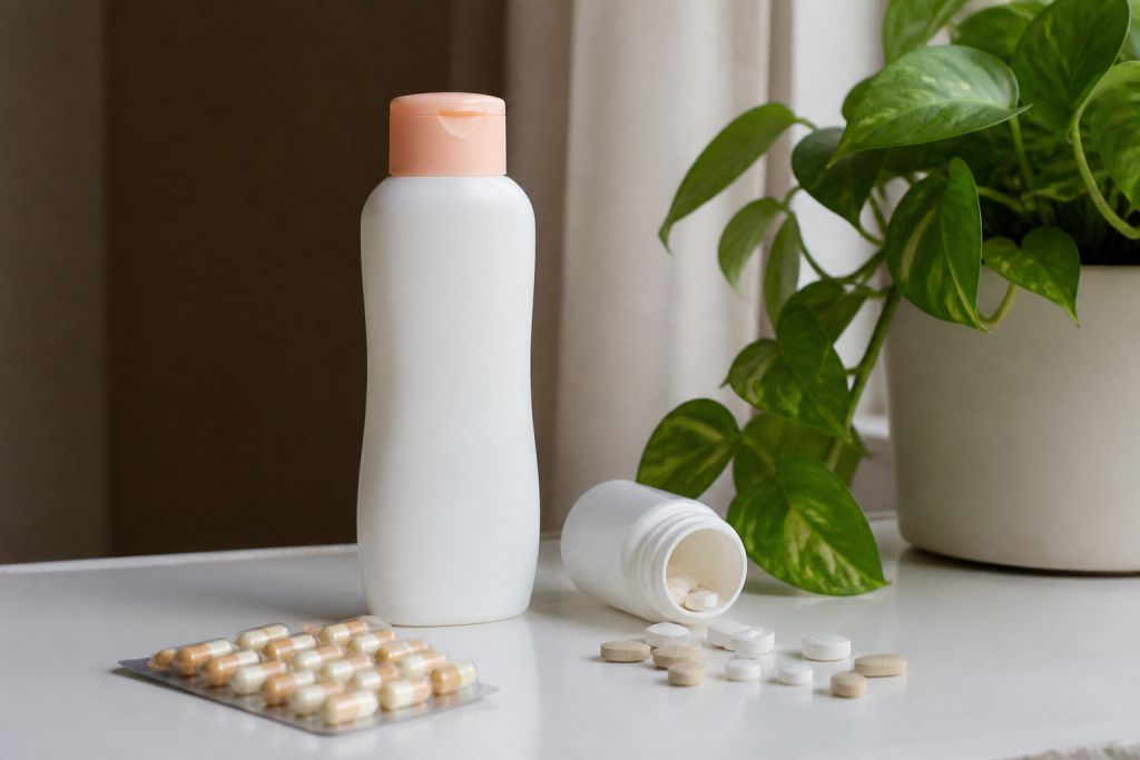 Bouteille de lotion, feuilles vertes et medicaments sur table blanche.