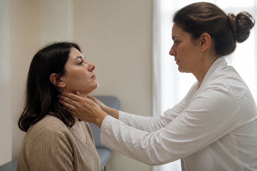 Medecin examinant le cou d'un patient assis