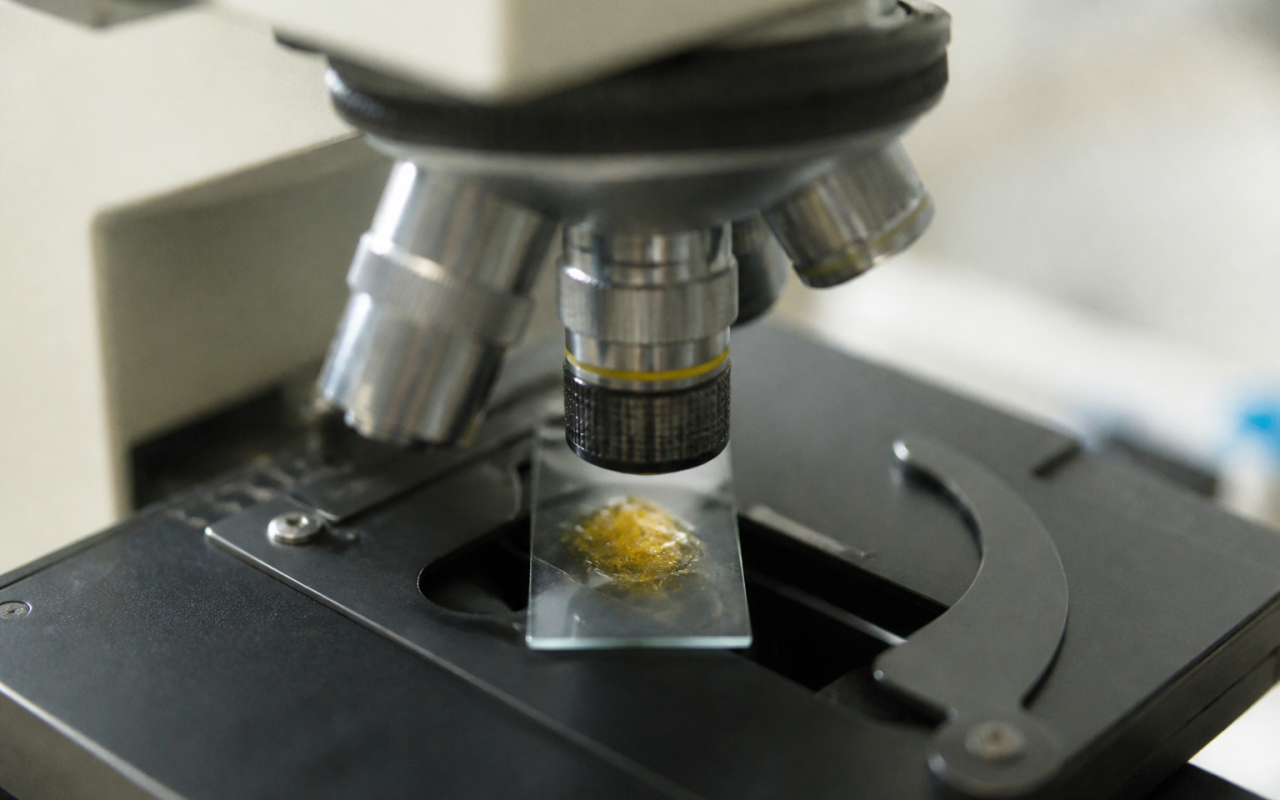 Gros plan microscope montrant particules jaunes dans echantillon selles