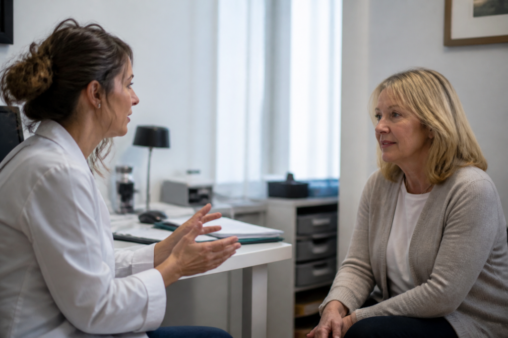Patient discutant avec médecin dans cabinet de consultation