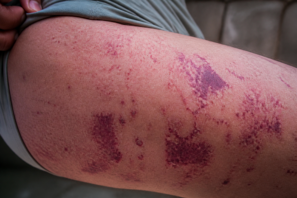 Peau avec petites taches rouges et larges plaques pourpres