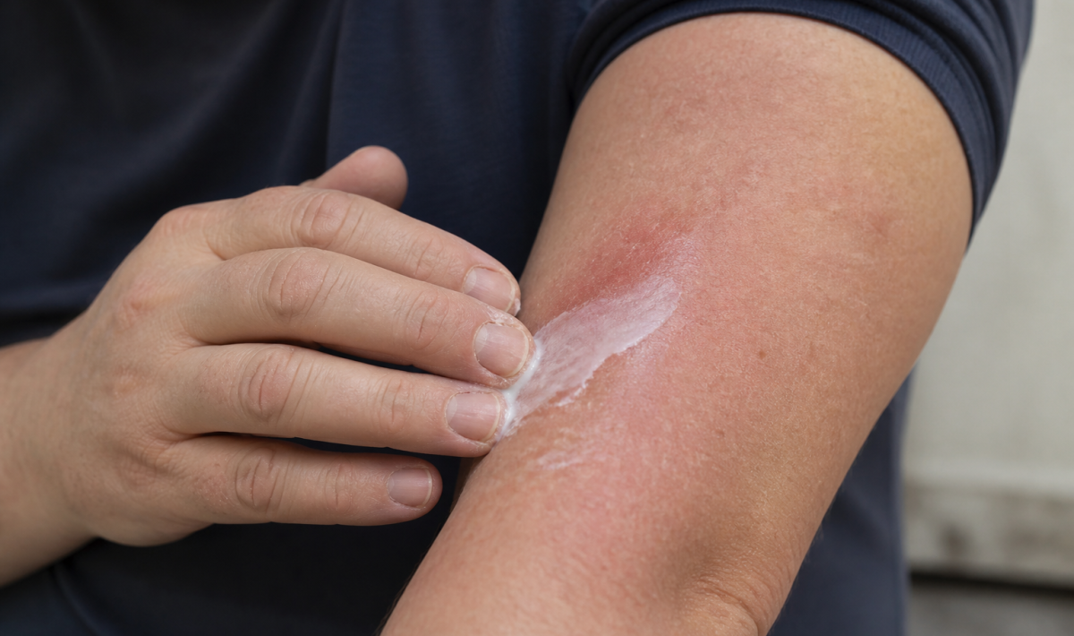 Person applying cream to red swollen arm skin.