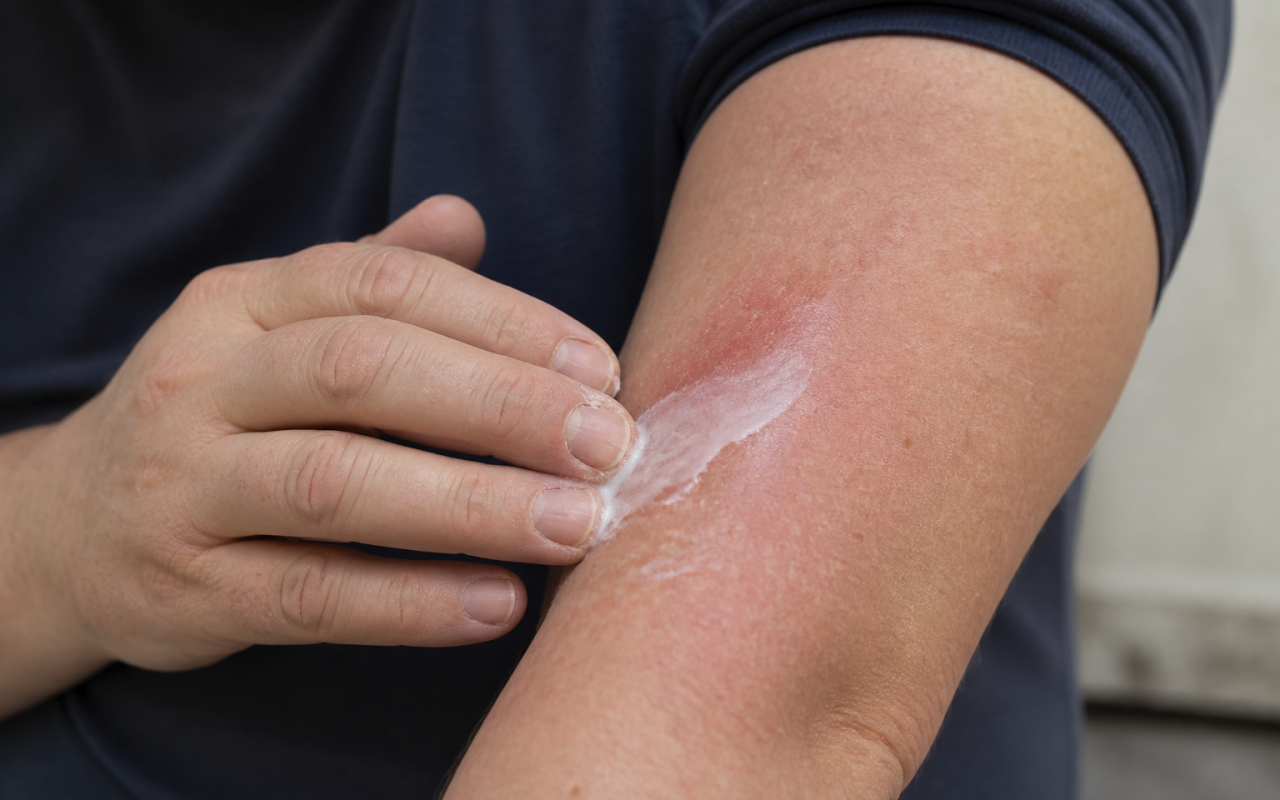 Person applying cream to red swollen arm skin.