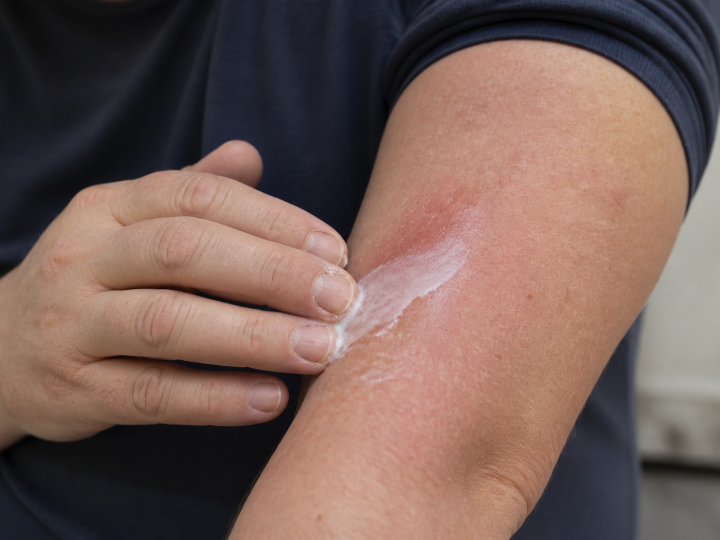 Person applying cream to red swollen arm skin.