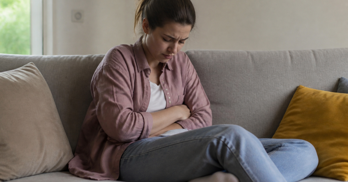 Personne assise tenant son abdomen douloureux.