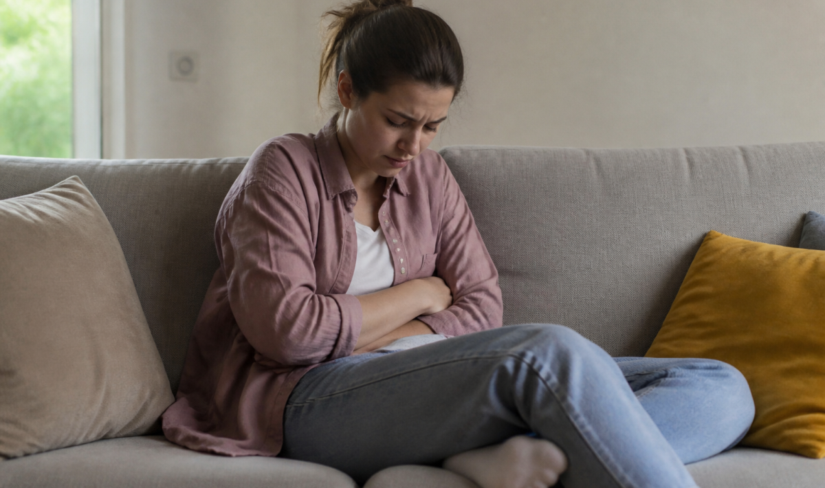 Personne assise tenant son abdomen douloureux.