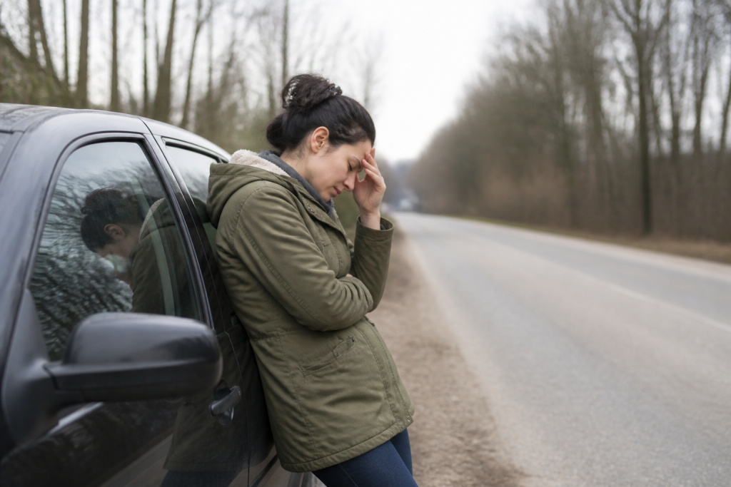 Personne arrêtant voiture sur accotement sécurisé pendant crise migraine.