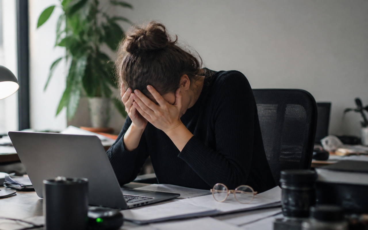 Personne epuisee assise au bureau, tete dans les mains