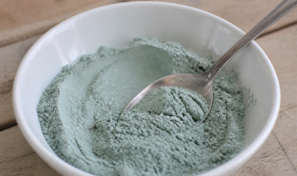 Poudre bleue-verte dans bol blanc avec cuillere.