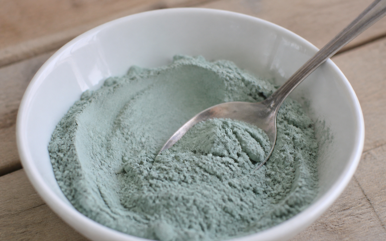 Poudre bleue-verte dans bol blanc avec cuillere.