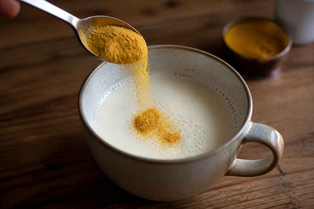 Poudre jaune doree versee dans du lait chaud