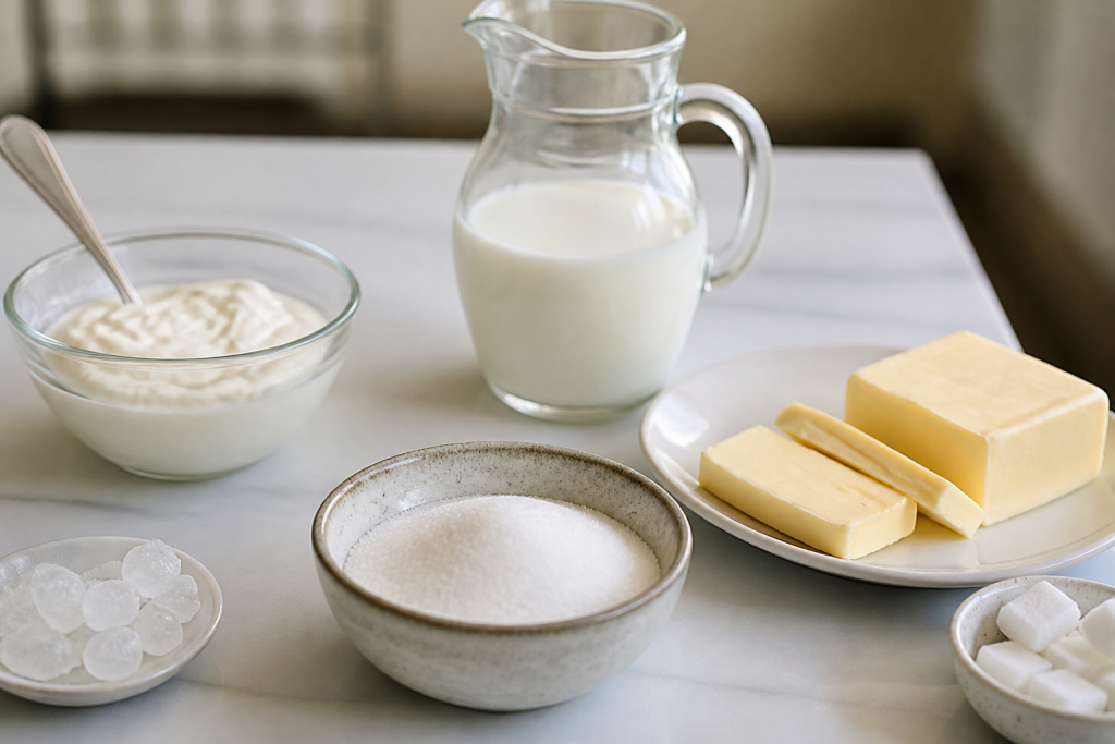 Produits laitiers et sucres raffines sur table blanche
