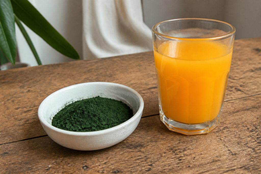 Poudre verte de spiruline avec verre de jus orange.