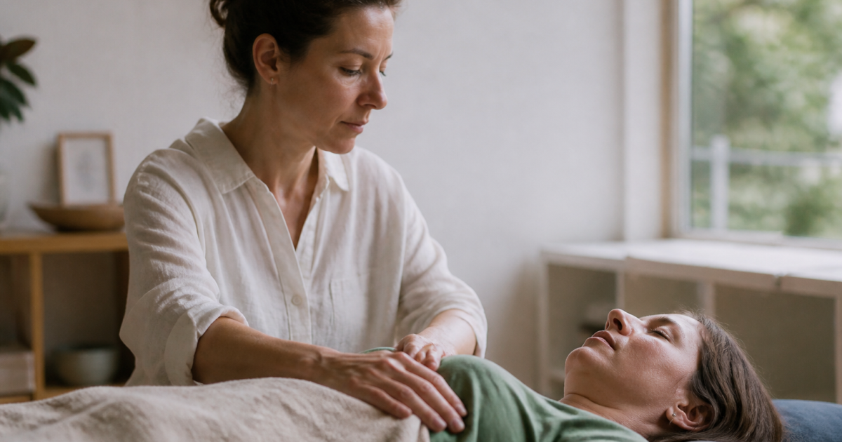 Therapeute guidant patient allonge vers relaxation profonde.