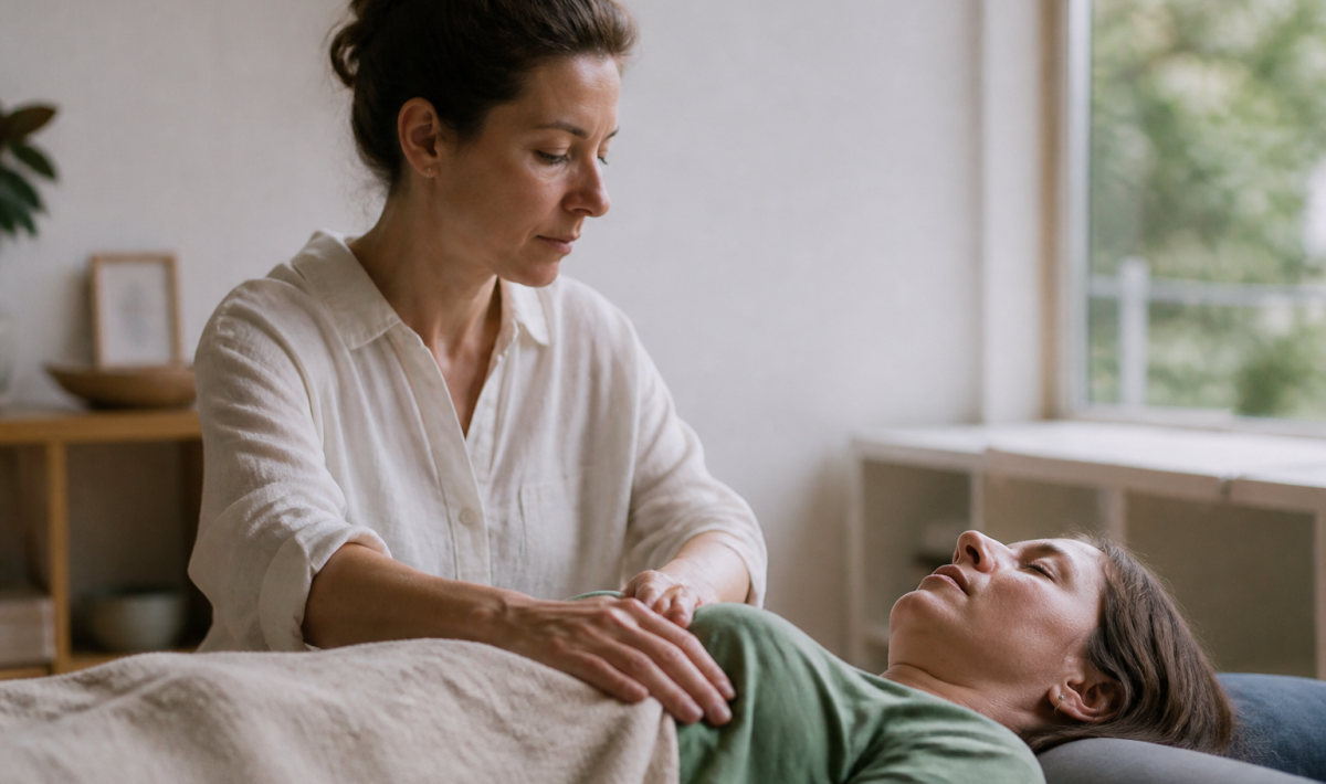 Therapeute guidant patient allonge vers relaxation profonde.