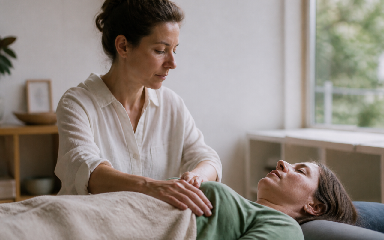 Therapeute guidant patient allonge vers relaxation profonde.