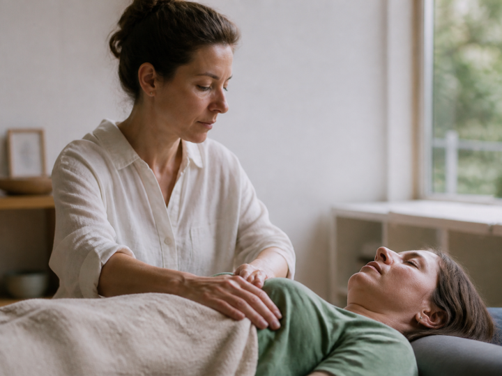 Therapeute guidant patient allonge vers relaxation profonde.