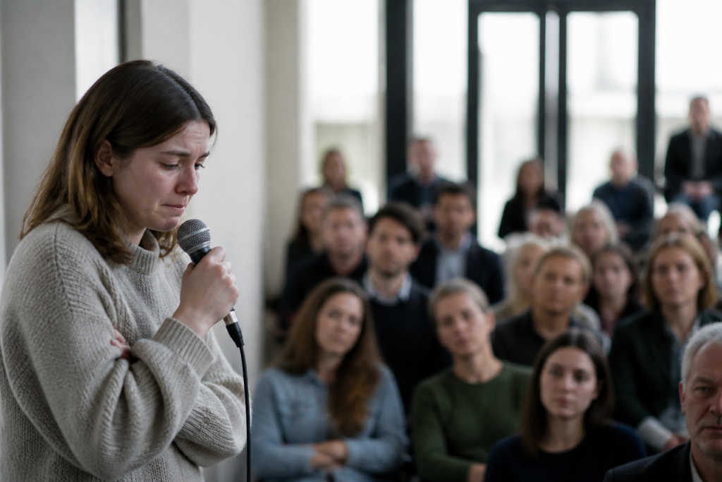 Personne tremblante au micro face a audience attentive.