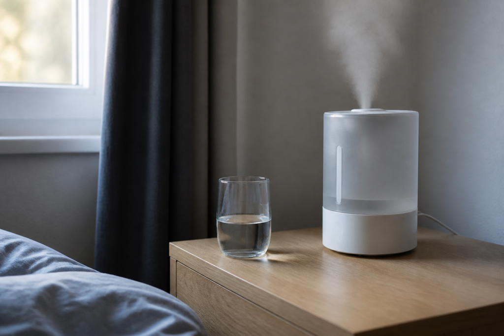 Verre d'eau et humidificateur dans chambre hivernale