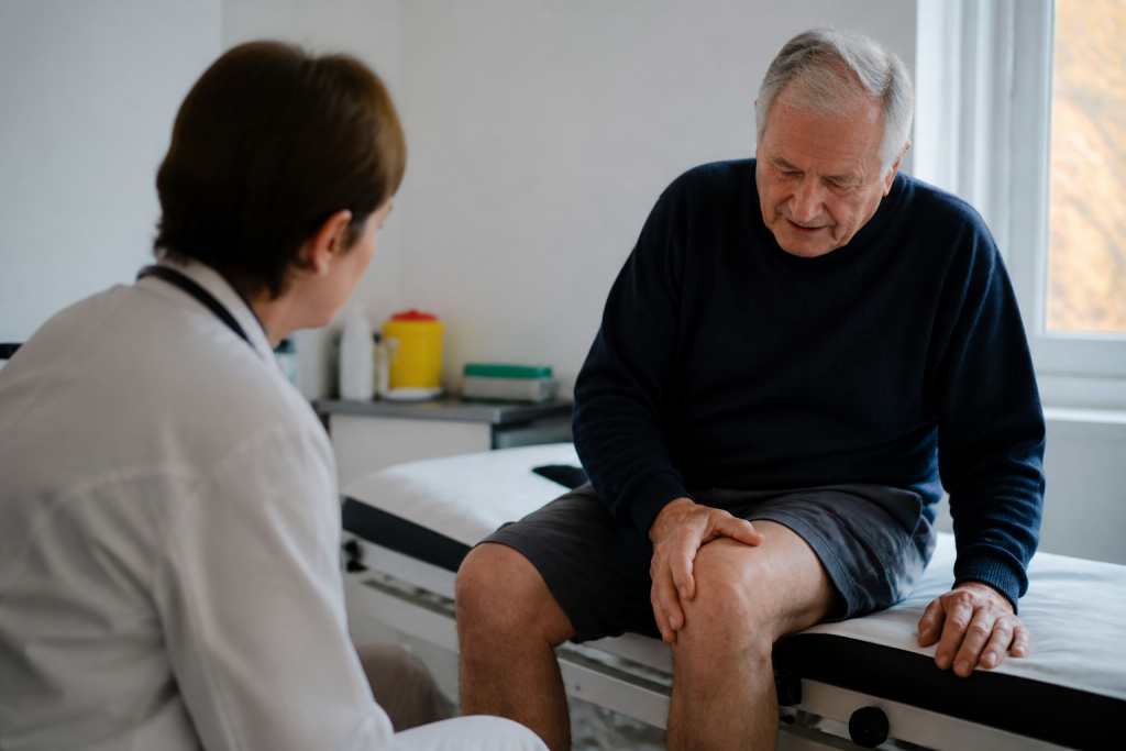 Patient assis chez médecin montrant faiblesse jambe visible