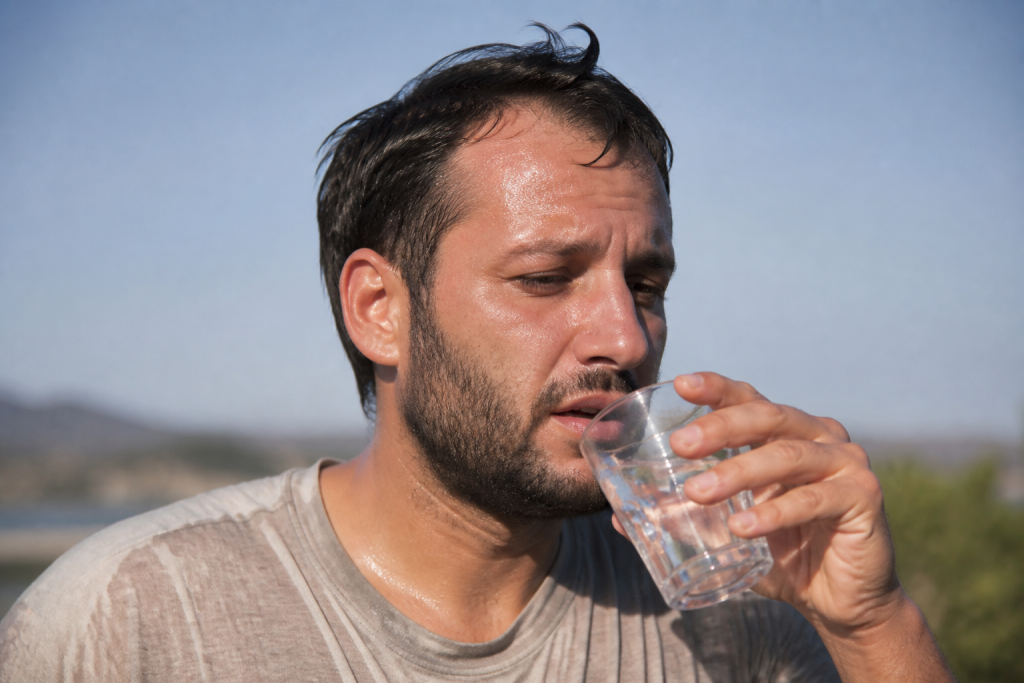 Personne transpirant sous le soleil intense avec verre d'eau
