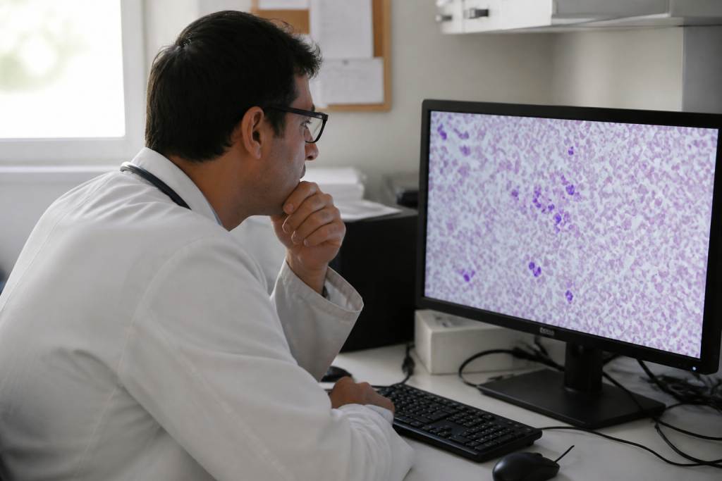 Medecin analysant resultats sanguins sur ecran ordinateur
