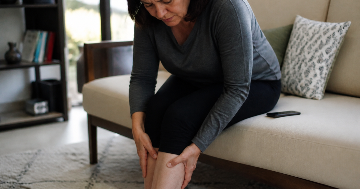 Personne assise tenant sa jambe douloureuse vers le bas