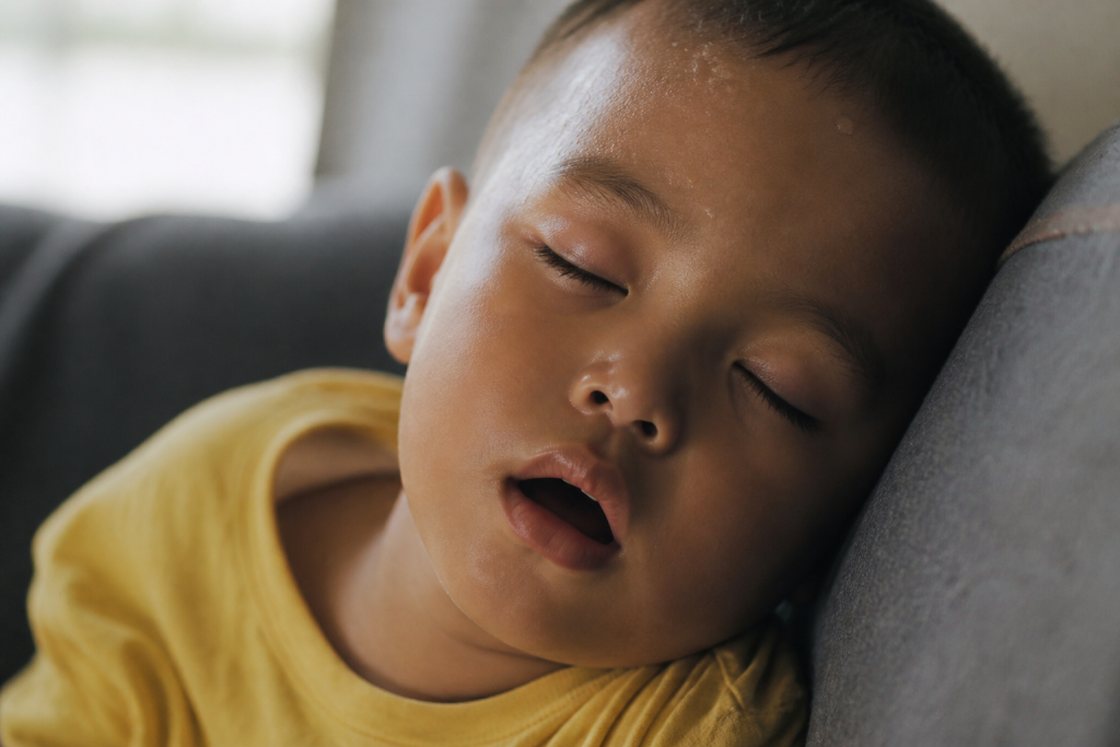 Enfant dormant bouche ouverte, sueurs visibles sur le front