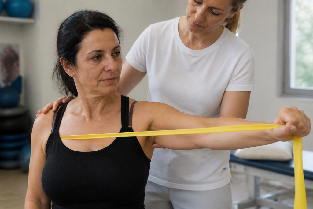 Epaule douloureuse avec geste de rééducation physiothérapeutique
