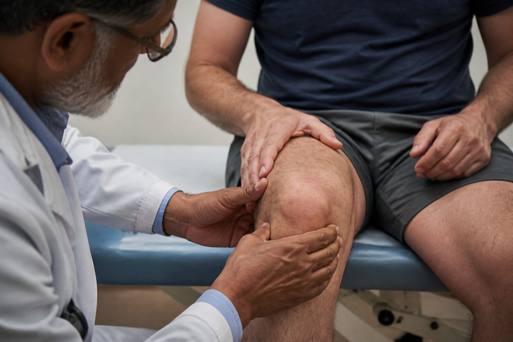 Medecin palpant articulation enflée patient lors examen