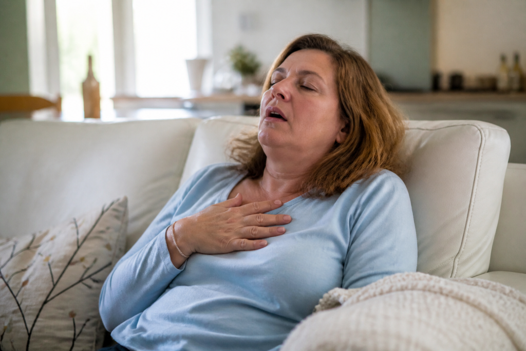 Personne fatigued assis sur canape respirant difficilement