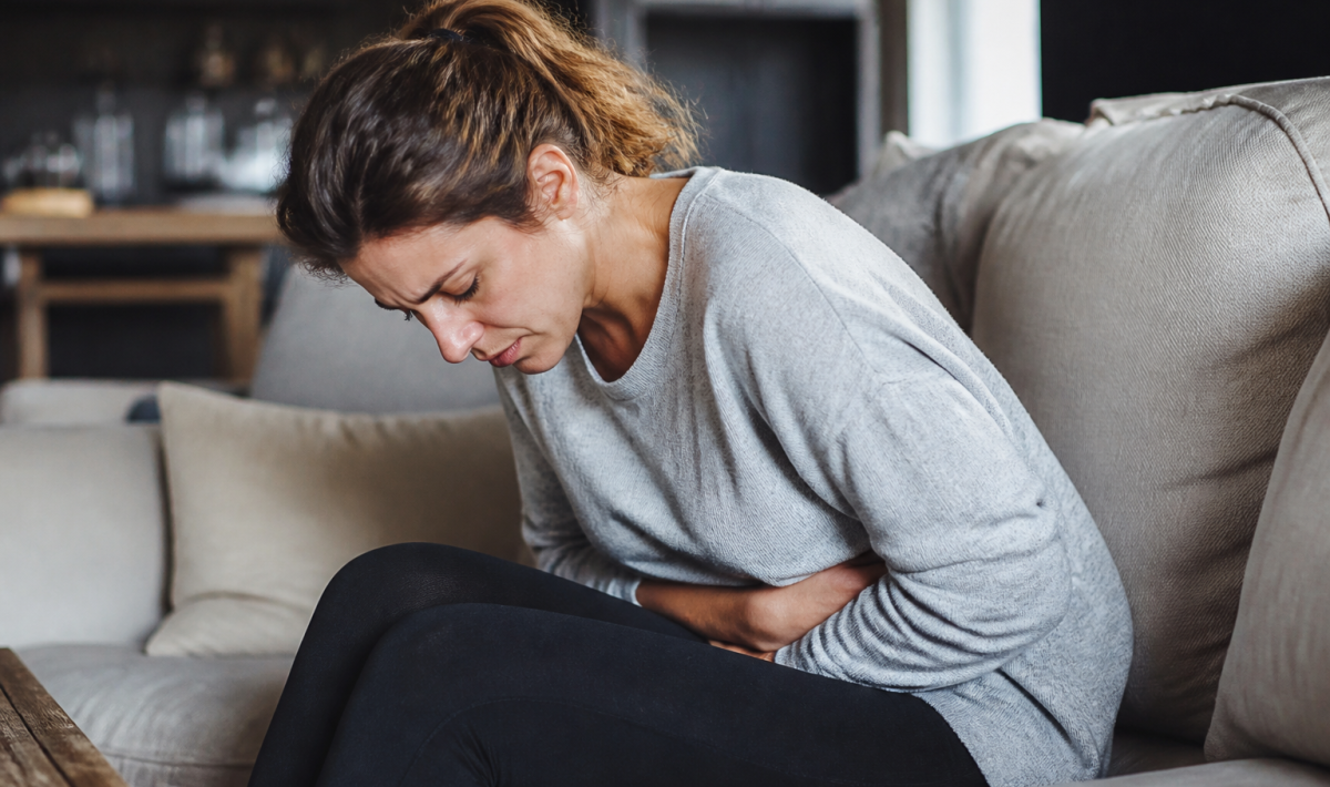 Femme assise tenant son bas-ventre en douleur