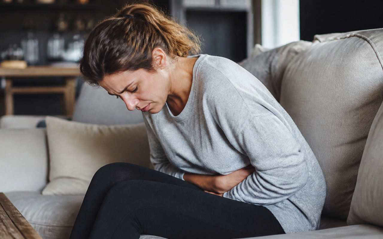 Femme assise tenant son bas-ventre en douleur