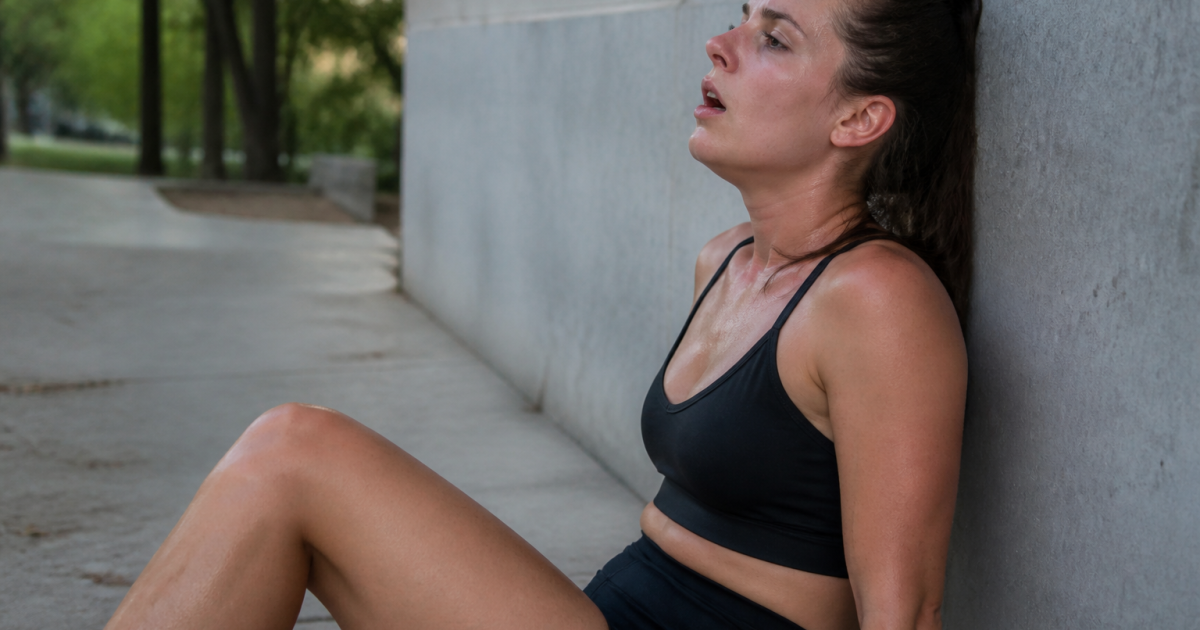 Femme assise appuyee contre mur respirant difficilement apres effort