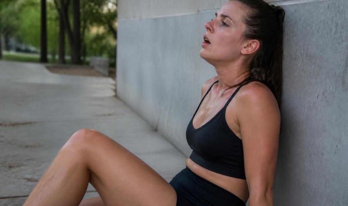 Femme assise appuyee contre mur respirant difficilement apres effort