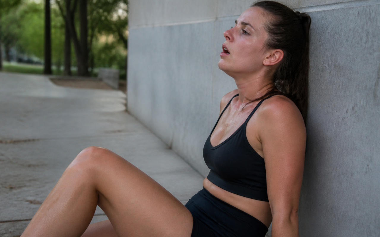 Femme assise appuyee contre mur respirant difficilement apres effort