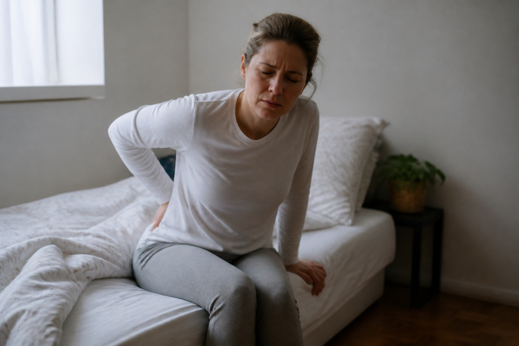 Femme assise sur lit se levant lentement avec precaution