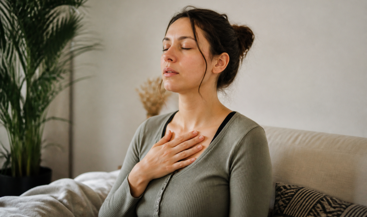 Femme assise respirant profondement main sur poitrine calme