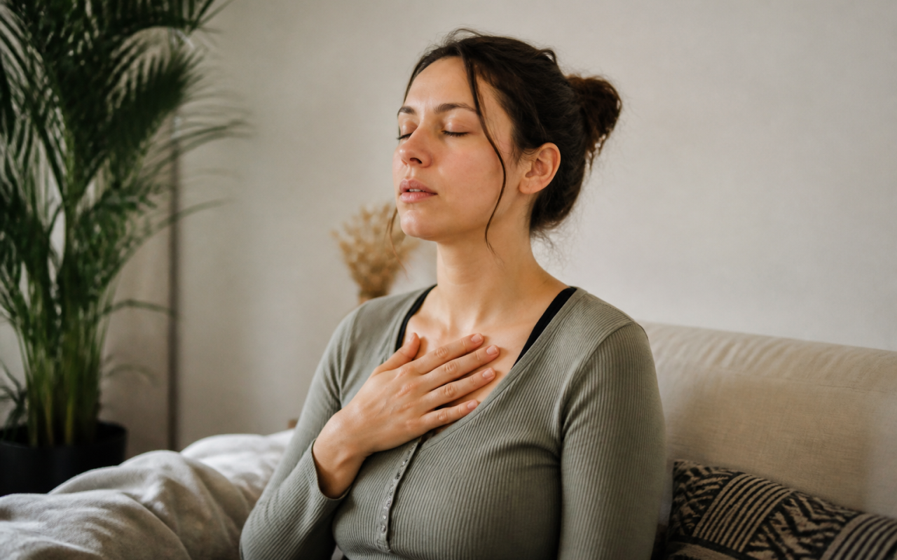 Femme assise respirant profondement main sur poitrine calme