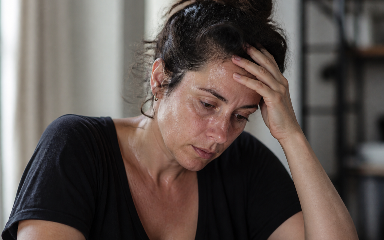 Femme tenant sa tête, regard fatigué, sueurs visibles