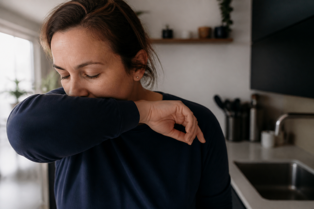 Personne toussant dans son coude avec mains lavées